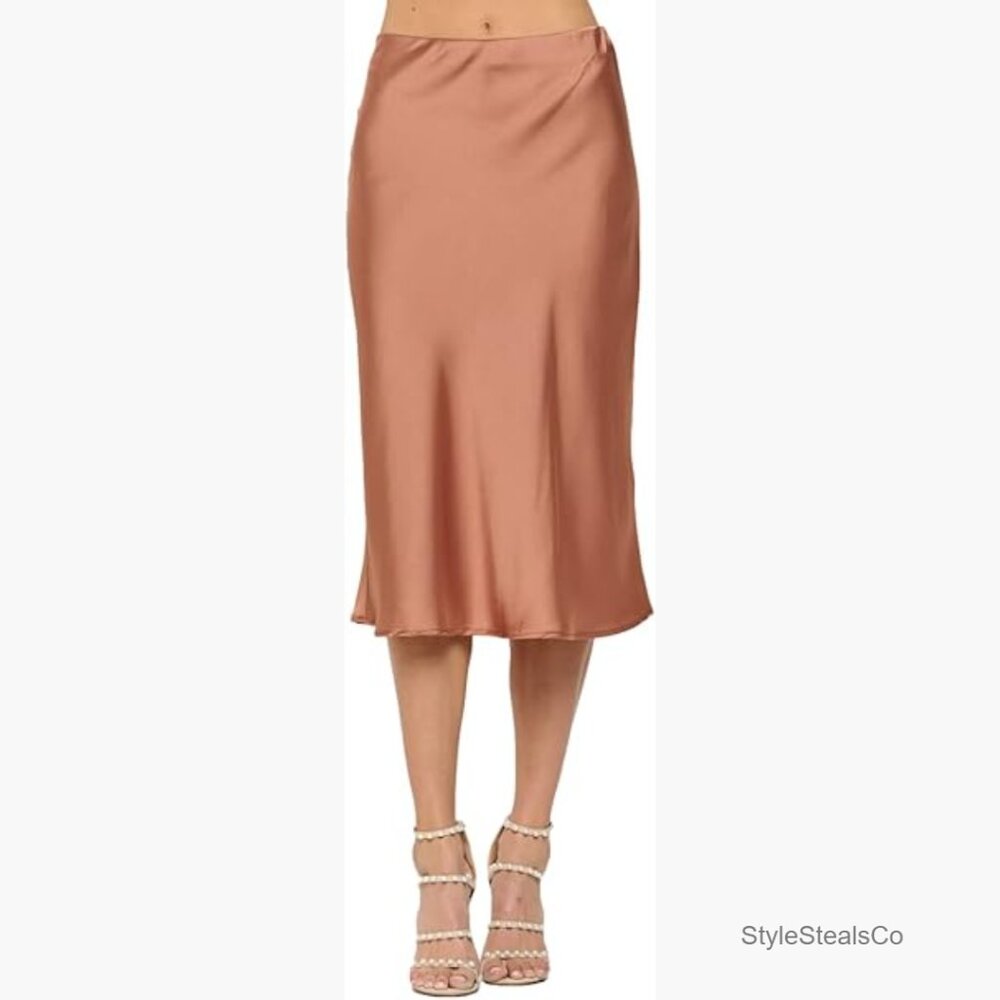 High Waist Satin Midi Skirt Elastic Waistband A-Line Silky Fabric